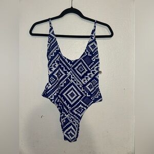 stripsky Striped One Piece Swimsuit,  Backless, blue/White Size  large (248)